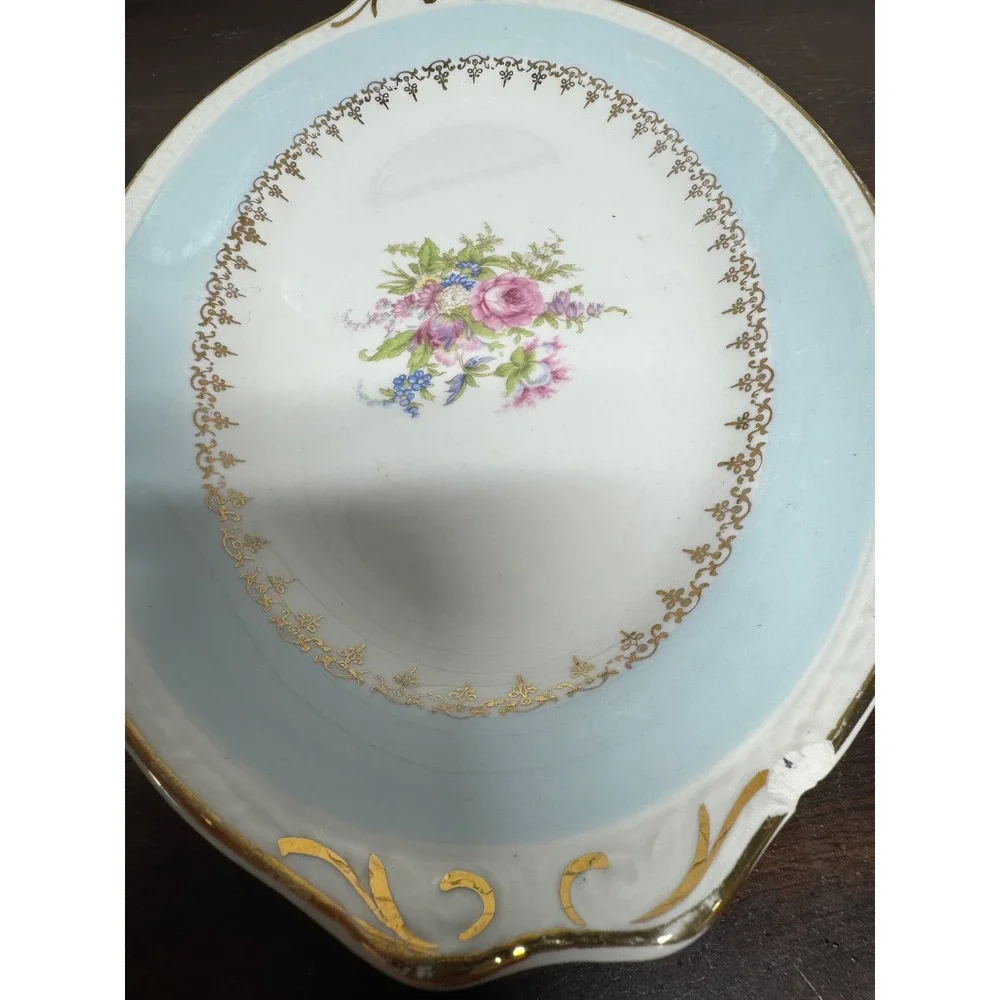 Vintage Floral Oval Serving Platter Set Blue Gold Gilt Scalloped Edge 2 Piece